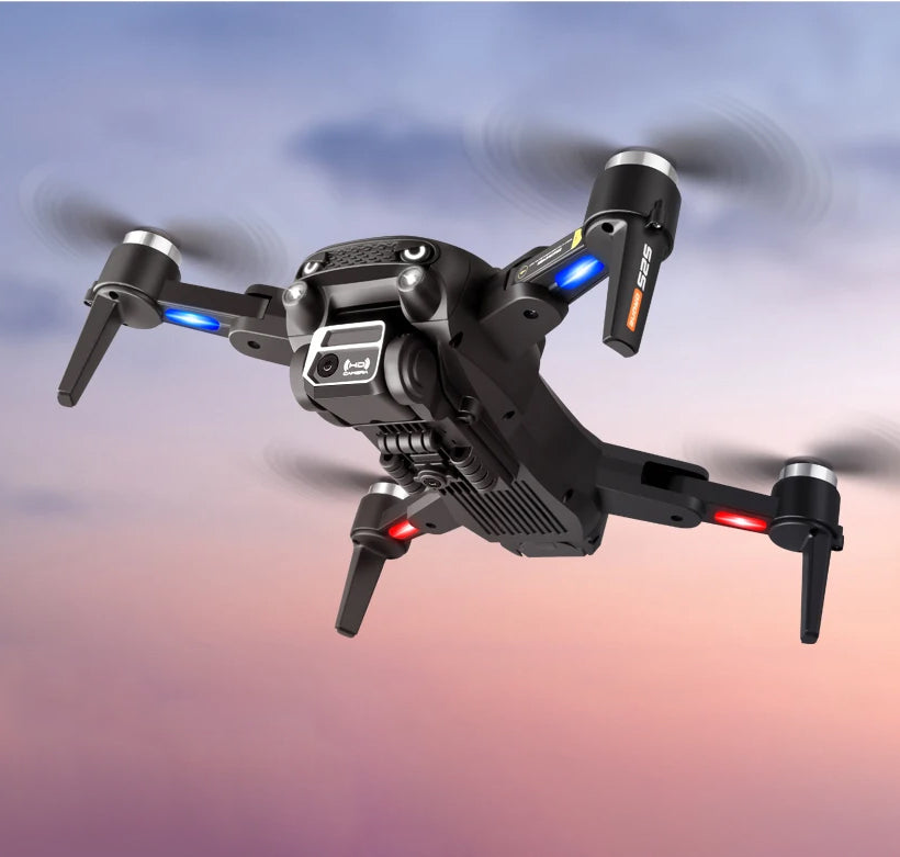 Drone S2S 8K a voar ao pôr do sol com luzes LED ativas nos braços Drone S2S 8K a voar ao pôr do sol com luzes LED ativas nos braços